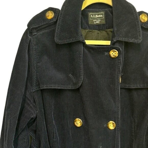LL Bean Women's L Petite Corduroy Jacket Belted Double Breasted Navy Blue Cotton - Picture 3 of 9